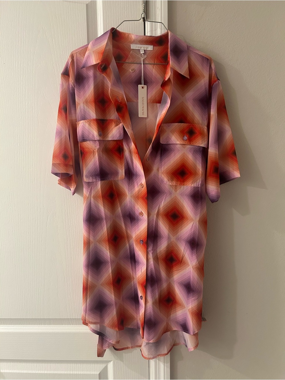 Olivaceous Geometric Short-Sleeve Button-Down Shirt Dress - Purple & Orange